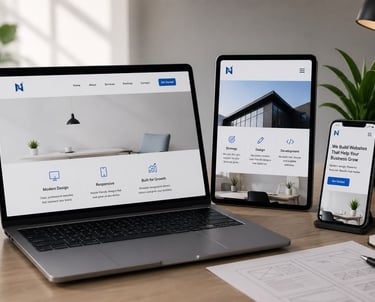 Web designer creating a modern business website on a laptop for responsive website development.