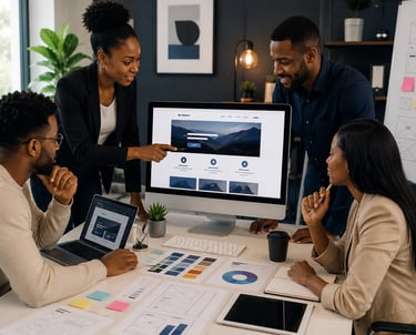 Professional digital agency team collaborating on website design and business growth strategies.