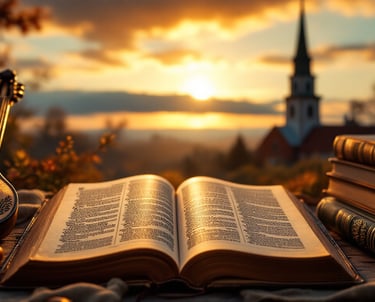 Uma Bíblia aberta a centro, com um alaúde à esquerda, livros à direita, torre de uma Igreja ao longe