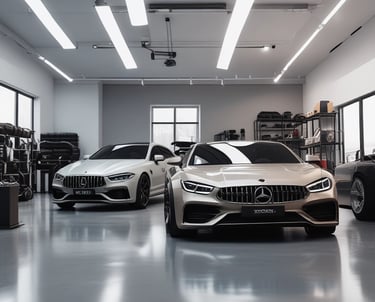 A sleek black luxury car parked in front of a modern Los Angeles skyline at sunset.