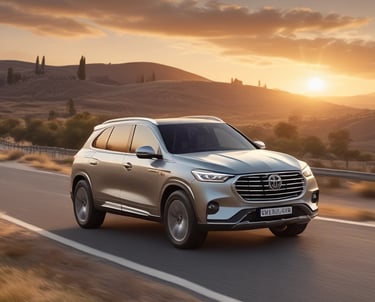 A sleek black luxury SUV driving along a coastal highway at sunset, highlighting elegance and performance.