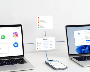 A clean horizontal infographic showing three numbered steps with simple icons representing connection, configuration, and automation.