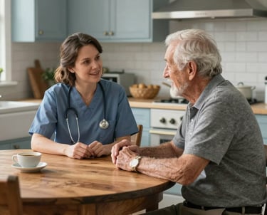 North American / US residential setting. A kind caregiver and a senior resident sitting together at a wooden table in a sunlit kitchen, sharing a moment of quiet conversation. The setting is intimate and warm, emphasizing dignity and expert support, with soft blue-grey and white-ish decor.