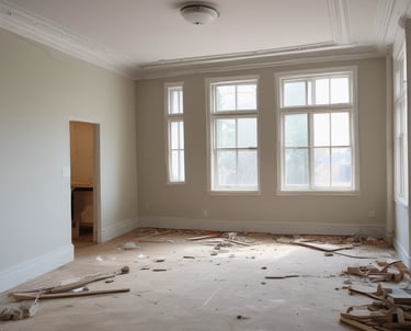 A skilled worker carefully renovating a cozy living room with warm lighting.