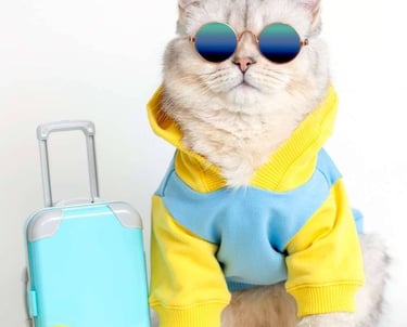 Un gato peludo con gafas de sol y una sudadera con capucha junto a una maleta de viaje azul