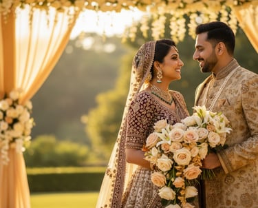 Smiling Indian bride and groom in traditional wedding attire under a floral outdoor mandap.