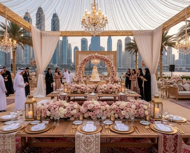 Luxury outdoor wedding reception in Dubai with floral decor and a skyline view.