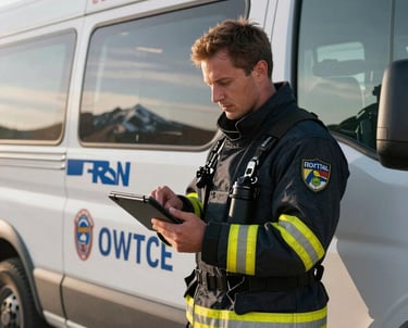 A professional rescue coordinator standing by a response vehicle with official branding, looking at a tablet with a map, North American mountain landscape in the background, sharp focus, morning lighting, reflecting trustworthiness.