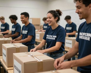 A diverse group of volunteers in North America wearing matching dark blue Pacific Rim Rescue t-shirts, laughing while packing humanitarian aid boxes in a bright, modern warehouse space, shallow depth of field, action-oriented.