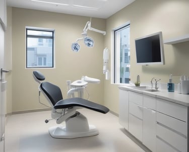 Modern dental clinic room with professional equipment and bright lighting.