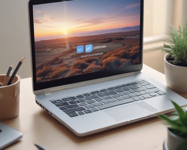 A friendly web designer working on a laptop with blue-themed website mockups on screen.