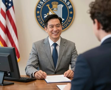 A student carefully reviewing immigration paperwork at a desk.