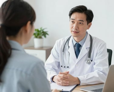 A welcoming dermatologist gently consulting with a smiling patient in a bright, modern clinic room.