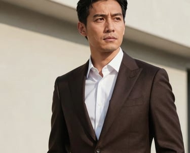 Professional portrait of a man in a well-tailored dark brown suit, looking thoughtfully off-camera, set against a backdrop of clean architectural lines. North American / International.