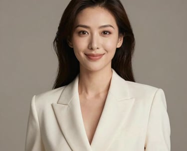 Professional portrait of a woman with a confident and warm expression, dressed in a sophisticated off-white blazer, set against a soft taupe studio background. North American / International.