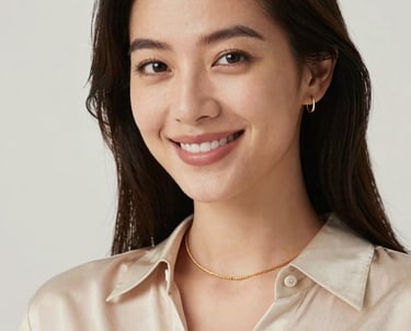A professional headshot of a woman with an elegant, friendly smile, wearing subtle gold jewelry and a light beige silk blouse. Clean, high-key lighting. North American / International.