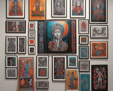 A vibrant display of vwwarious artworks in a cozy gallery setting.