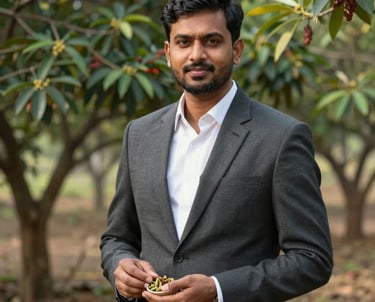 A professional portrait of a South Asian / Indian sourcing specialist standing in a cardamom grove. He is wearing sophisticated, modern attire and holding a small sample of fresh spices. Natural lighting, premium photography style.