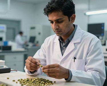 A South Asian / Indian quality control analyst in a modern, clean facility, carefully examining green cardamom pods on a light-colored surface. The atmosphere is professional and clinical, emphasizing trust and reliability.