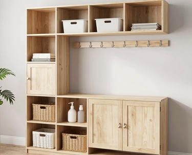 A stylish entryway with hooks and baskets for organized storage.