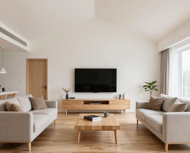 A bright, airy living room with neatly arranged shelves and minimal clutter.