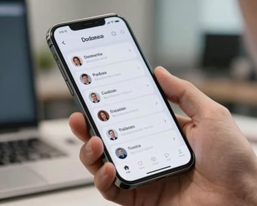 A close-up photograph of a professional hand holding a sleek mobile device displaying a clean monitoring interface in a modern Indonesian corporate setting.