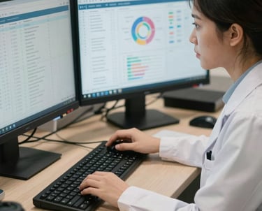 Candid photography of a female Southeast Asian specialist analyzing project data on a dual-monitor setup in a professional workspace.