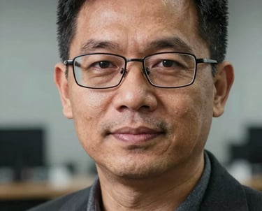 Close-up portrait of a Southeast Asian developer with glasses in a professional environment, soft focus background with technical elements.