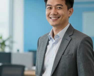 Portrait of a Southeast Asian professional male smiling in a modern bright office, wearing professional smart-casual attire, soft gray and bright blue background.
