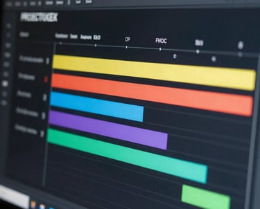 Photography of a high-resolution screen showing a project timeline with colorful status bars against a dark interface, professional style.