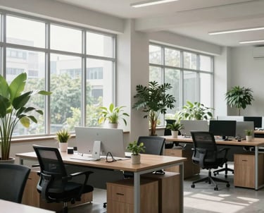 Clean, wide-angle photography of a minimalist office in Jakarta with large windows and green plants, symbolizing a healthy work environment.