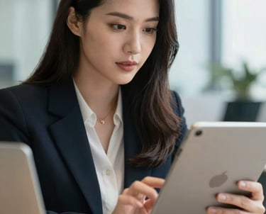 Professional photo of a female Southeast Asian analyst looking at a tablet screen with concentration, bright modern office setting.