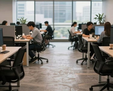 Photography of an open office floor in Jakarta during the day, with modern furniture and people working in the background, out of focus.