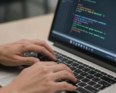 Close-up photography of professional hands typing on a laptop with code and data charts visible, soft office lighting.