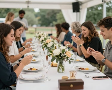 A lively corporate event with guests enjoying a beautifully decorated venue.