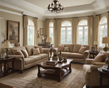 A sparkling clean modern apartment living room with sunlight streaming through large windows.