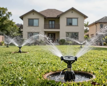 An automatic irrigation system watering a vibrant green lawn.