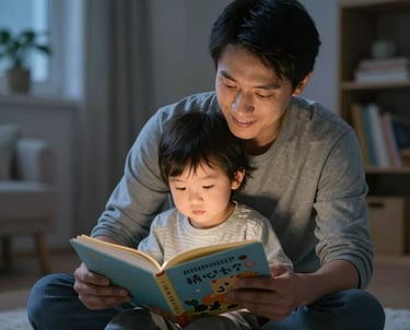 A calm parent soothing a toddler to sleep with a bedtime story in a cozy room.