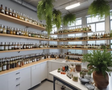 Glass bottles of essential oils surrounded by fresh herbs and flowers.