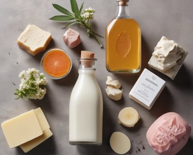 Minimalist white background with organic skincare products and green leaves arranged elegantly.