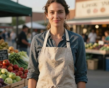 A professional outdoor portrait of a friendly woman in a linen apron, standing before a colorful produce stall in a North American town square during golden hour.