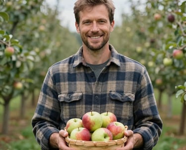 Photography of a man in a flannel shirt holding a small basket of fresh apples, smiling, with a soft-focus background of a green North American orchard.