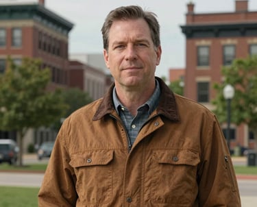Professional outdoor portrait of a community leader in a brown field jacket standing against a background of historic North American brick buildings and green trees in soft daylight.