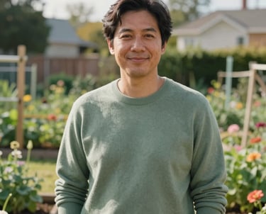 Portrait of a person in a casual sage green sweater standing in a bright sunlit North American community garden, looking at the camera with a welcoming expression.