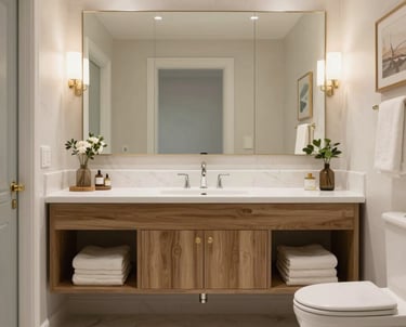 Bright and airy bathroom featuring contemporary fixtures and subtle lighting.