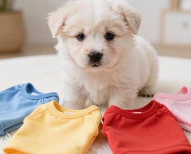 perrito haciendo un pedido de ropita colorida