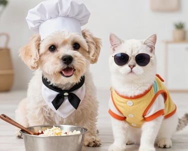 perriro y gatito blanco coquetos con ropa colorida y lentes oscuros