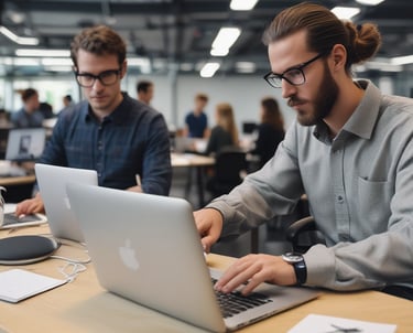 A diverse team of developers collaborating over laptops in a modern office.