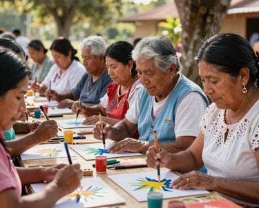 A vibrant photograph of a group of South American / Colombian seniors engaged in a traditional painting workshop outdoors, warm sunlight filtering through trees, capturing a sense of accomplishment and joy.