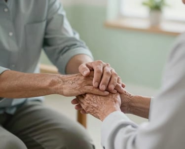 A professional and caring photograph of a counselor's hand gently resting on a South American / Colombian senior's hand in a bright, tranquil room, conveying trust and support, muted green and light gray color palette.